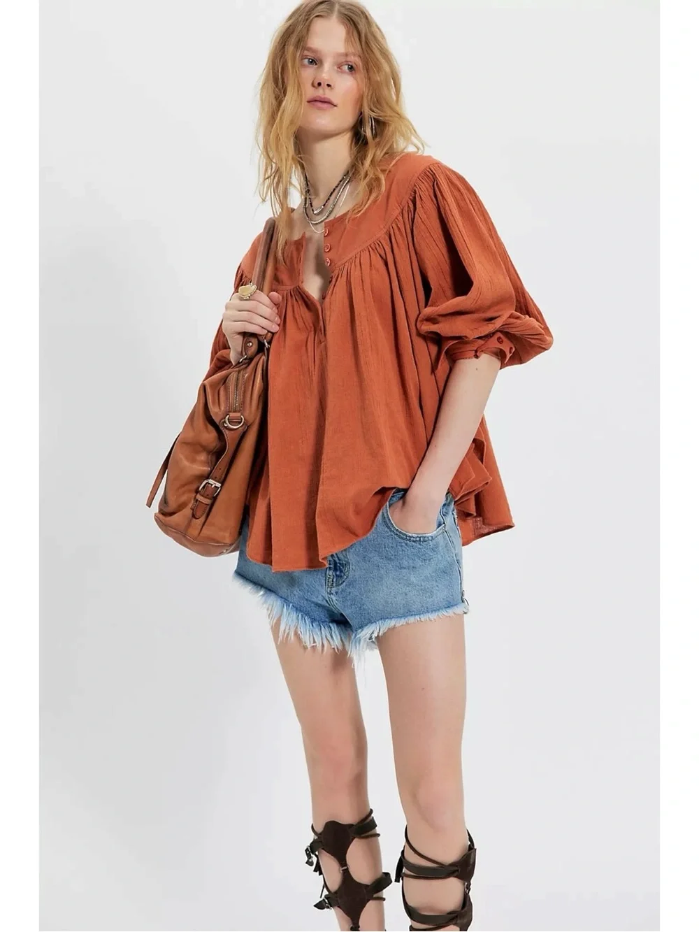 Free People Bohemian Billowy Malibu Crinkle Top Autumnal Fall Brown Size Large